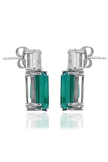 White Finish Baguette Zircon & Green Onyx Handcrafted Stud Earrings