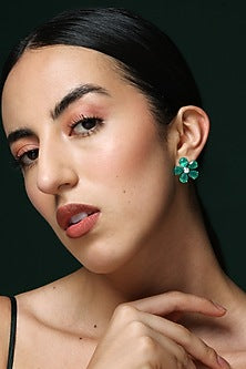 White Finish Round Zircon & Pear-Shaped Green Onyx Handcrafted Hoop Earrings