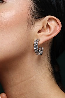 White Finish Baguette Zircon Handcrafted Hoop Earrings