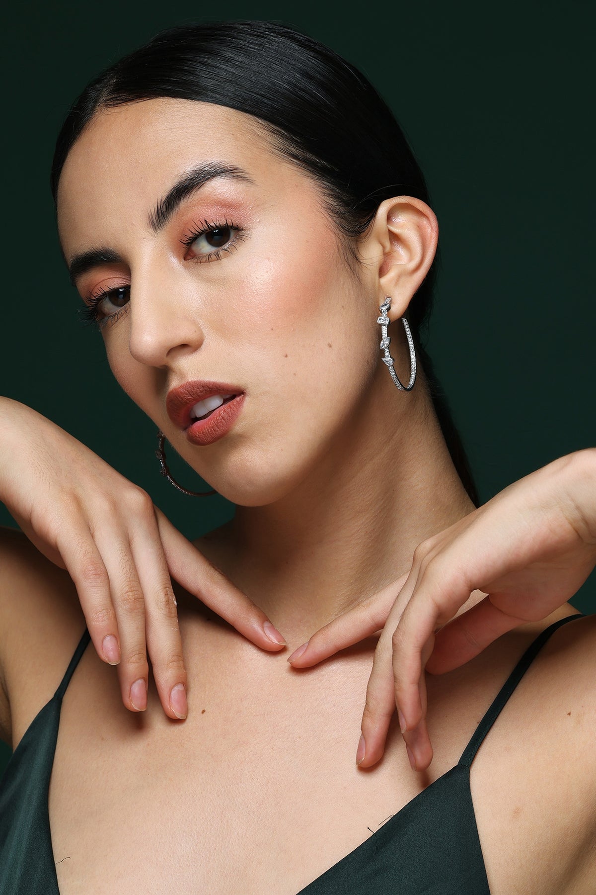White Finish Round & Marquise-Cut Zircon Handcrafted Hoop Earrings