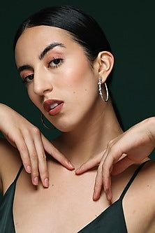 White Finish Round & Marquise-Cut Zircon Handcrafted Hoop Earrings