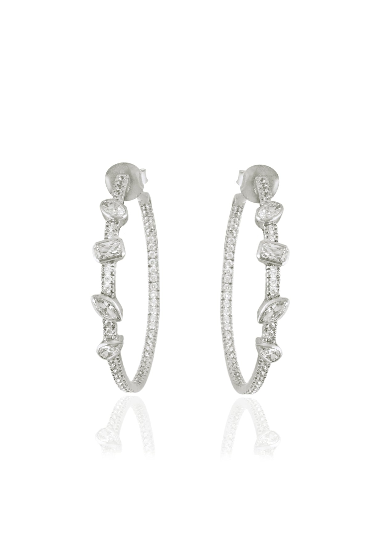White Finish Round & Marquise-Cut Zircon Handcrafted Hoop Earrings