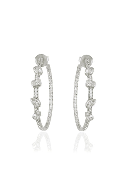 White Finish Round & Marquise-Cut Zircon Handcrafted Hoop Earrings