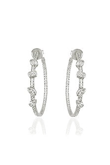 White Finish Round & Marquise-Cut Zircon Handcrafted Hoop Earrings
