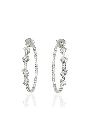 White Finish Round & Marquise-Cut Zircon Handcrafted Hoop Earrings