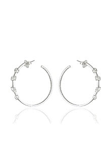 White Finish Round & Marquise-Cut Zircon Handcrafted Hoop Earrings