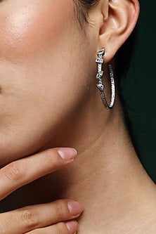 White Finish Round & Marquise-Cut Zircon Handcrafted Hoop Earrings