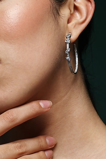 White Finish Round & Marquise-Cut Zircon Handcrafted Hoop Earrings