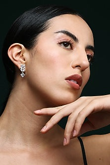 White Finish Square & Marquise-Cut Zircon Handcrafted Dangler Earrings In Sterling Silver