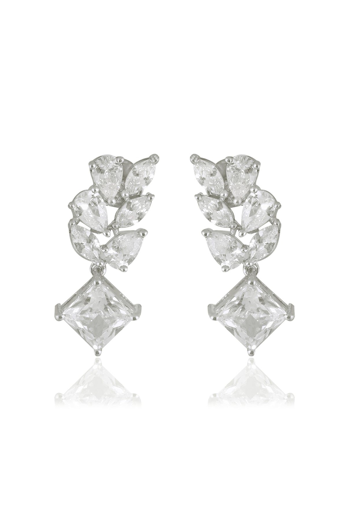 White Finish Square & Marquise-Cut Zircon Handcrafted Dangler Earrings In Sterling Silver