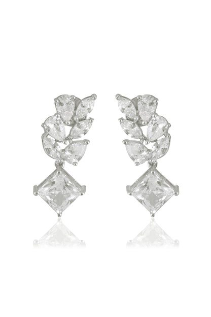 White Finish Square & Marquise-Cut Zircon Handcrafted Dangler Earrings In Sterling Silver
