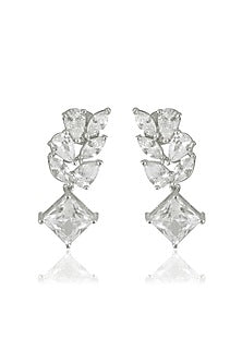 White Finish Square & Marquise-Cut Zircon Handcrafted Dangler Earrings In Sterling Silver