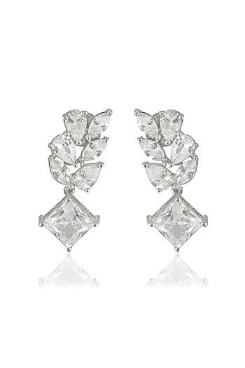 White Finish Square & Marquise-Cut Zircon Handcrafted Dangler Earrings In Sterling Silver