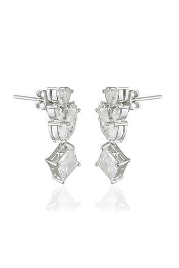 White Finish Square & Marquise-Cut Zircon Handcrafted Dangler Earrings In Sterling Silver