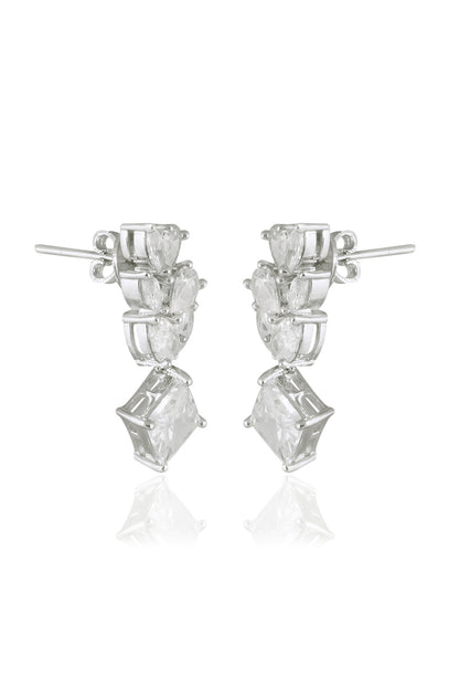 White Finish Square & Marquise-Cut Zircon Handcrafted Dangler Earrings In Sterling Silver