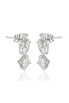 White Finish Square & Marquise-Cut Zircon Handcrafted Dangler Earrings In Sterling Silver