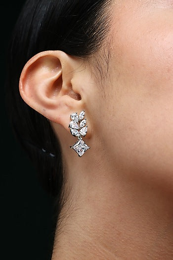 White Finish Square & Marquise-Cut Zircon Handcrafted Dangler Earrings In Sterling Silver