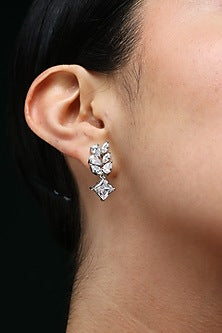 White Finish Square & Marquise-Cut Zircon Handcrafted Dangler Earrings In Sterling Silver
