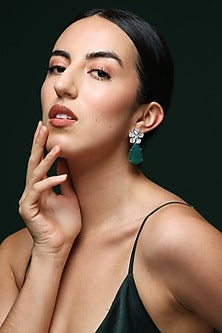 White Finish Pear-Shaped Zircon & Green Onyx Handcrafted Stud Earrings
