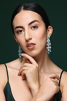 White Finish Zircon & Green Stone Handcrafted Dangler Earrings