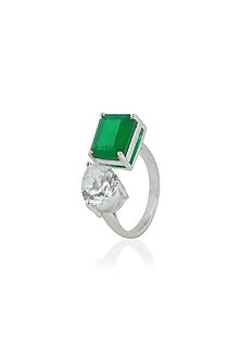 White Finish Pear-Shaped Zircon & Octagon Green Onyx Handcrafted Ring