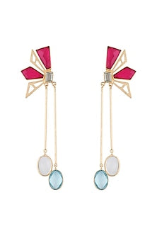 Gold Plated Handmade Pink Quartz, White MOP, Blue Topaz & Green Amethyst Checkered Earrings