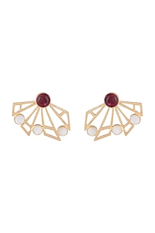 Gold Plated Handmade Pink Quartz & White MOP Stud Earrings