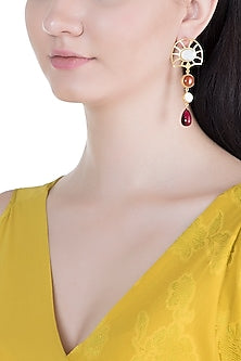 Gold Plated Handmade White MOP, Carnelian & Hydro Pink Drop Earrings