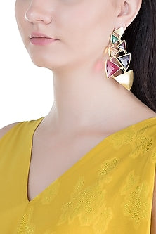 Gold Plated Handmade Pink Quartz, Amethyst, Emerald Green & Citrine Stone Earrings