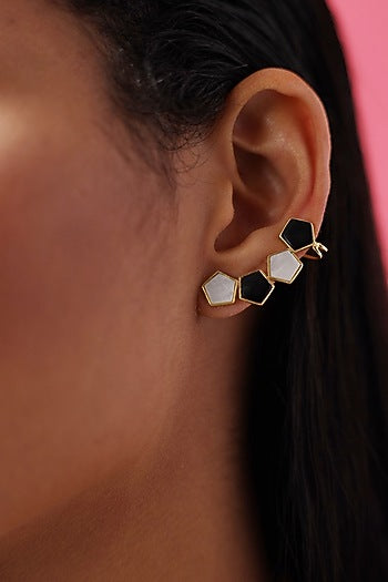 Gold Finish Mother Of Pearl & Enameled Earrings