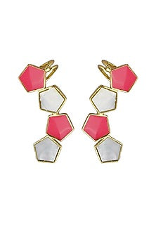 Gold Finish Mother Of Pearl & Enameled Earrings