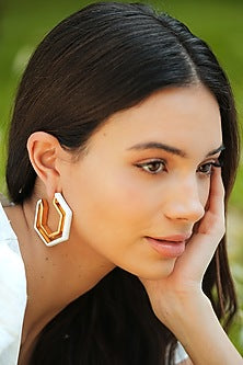 Gold Plated White Enameled Hoop Earrings