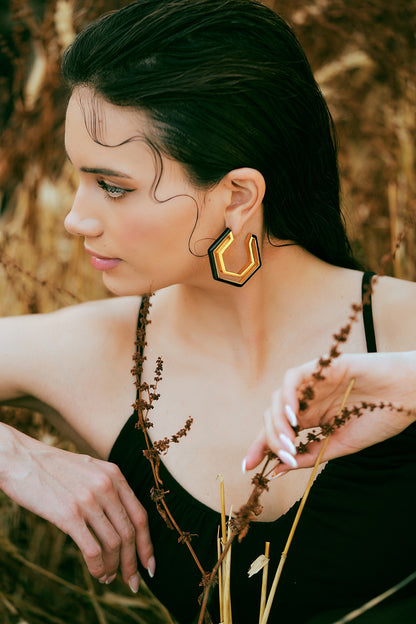 Gold Plated Black Enameled Hoop Earrings