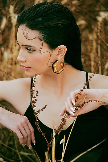 Gold Plated Black Enameled Hoop Earrings