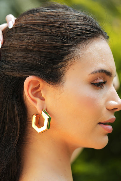 Gold Plated Green Enameled Hoop Earrings