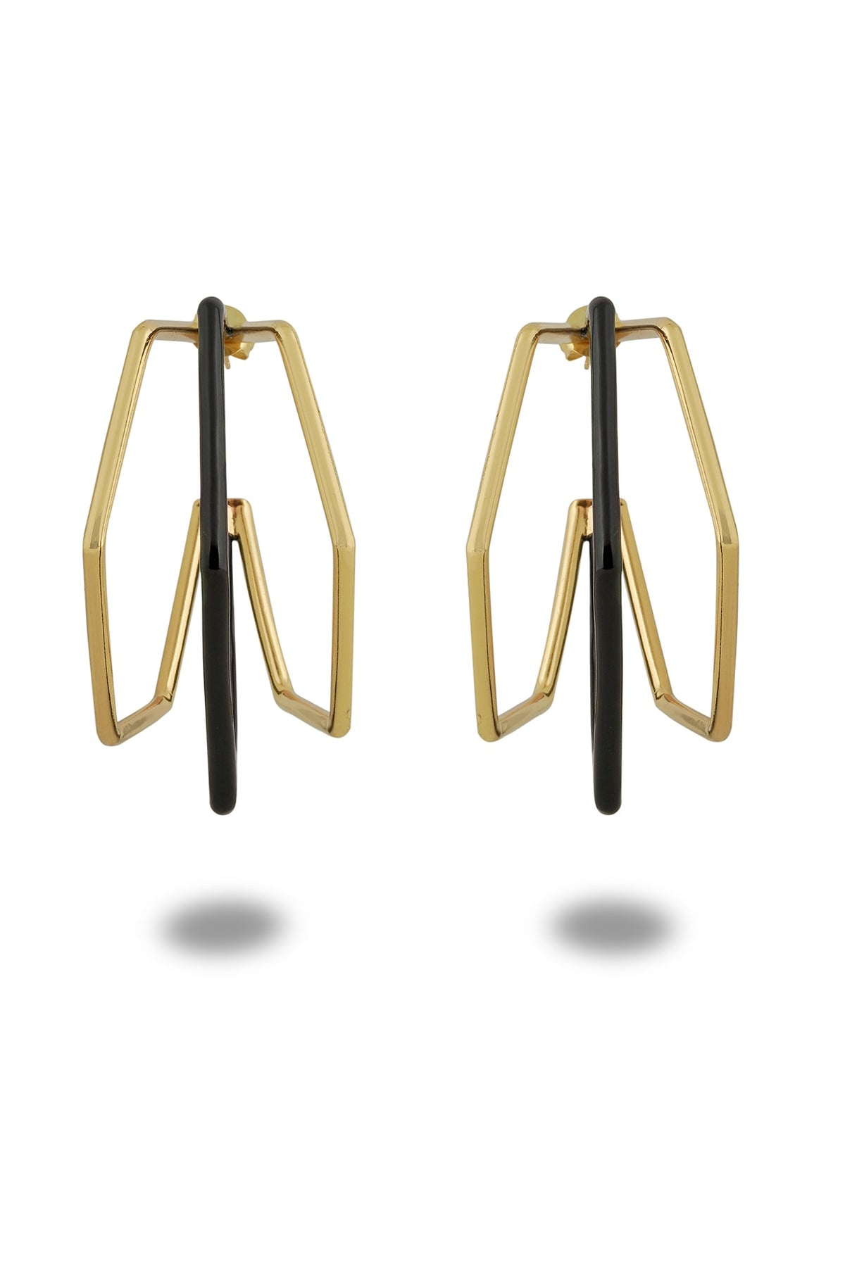 Gold Plated Black Enameled Hoop Earrings