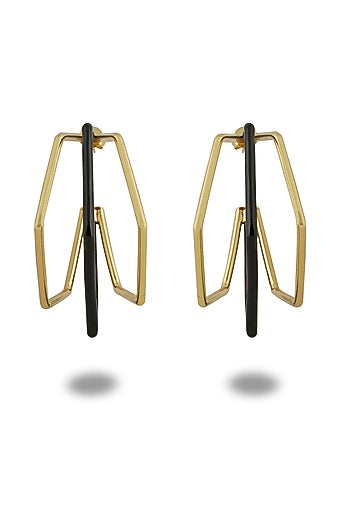 Gold Plated Black Enameled Hoop Earrings