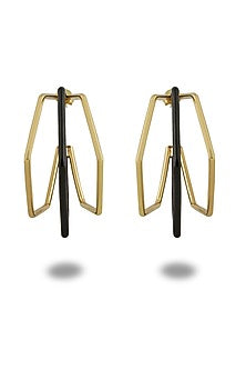 Gold Plated Black Enameled Hoop Earrings
