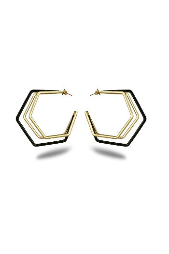 Gold Plated Black Enameled Hoop Earrings