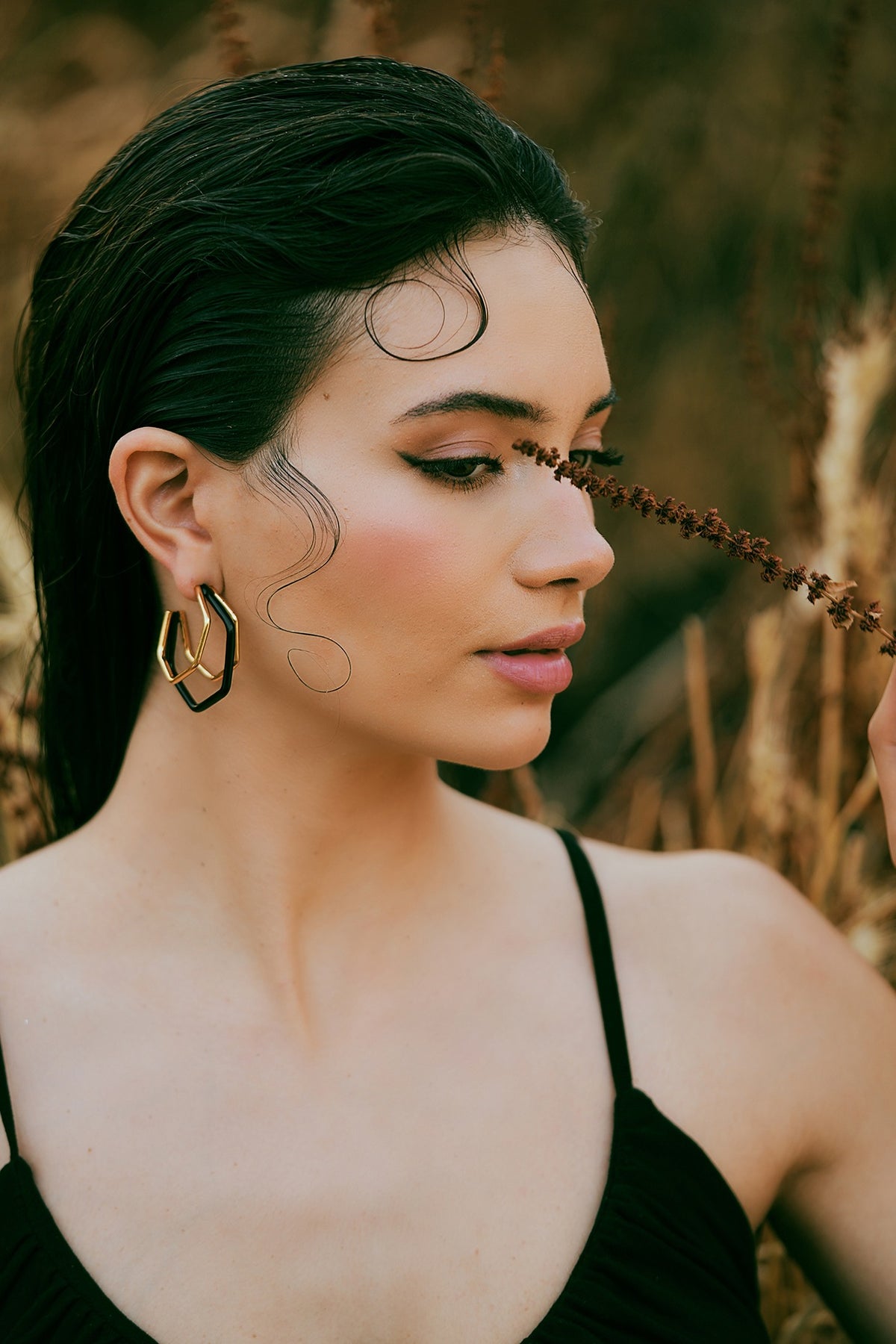 Gold Plated Black Enameled Hoop Earrings