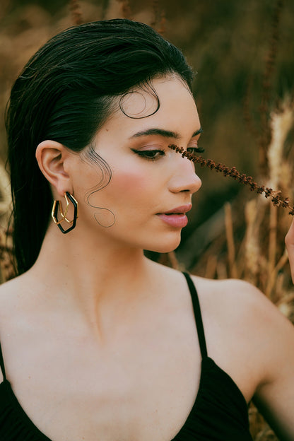 Gold Plated Black Enameled Hoop Earrings