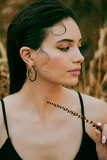 Gold Plated Black Enameled Hoop Earrings
