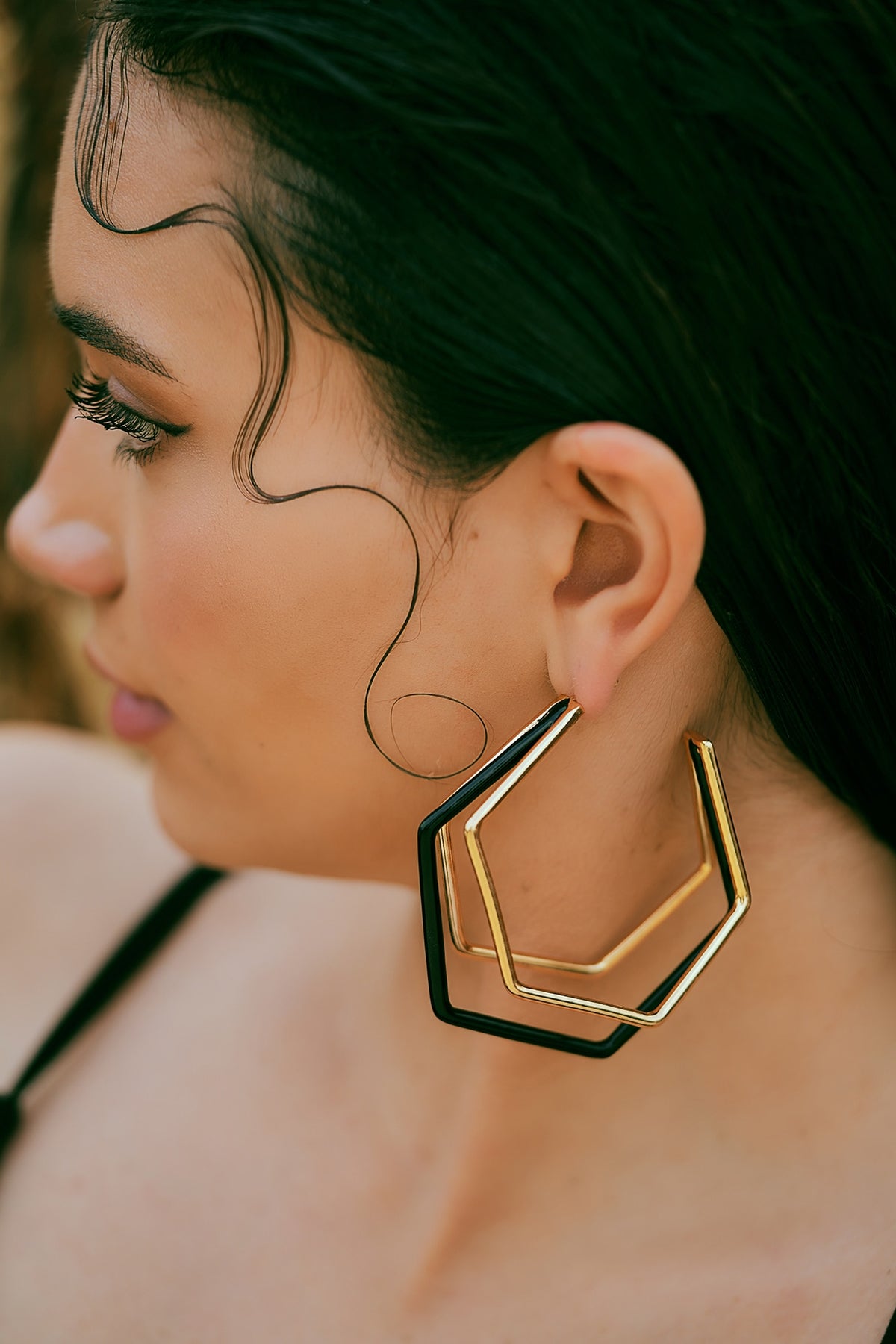 Gold Plated Black Enameled Hoop Earrings