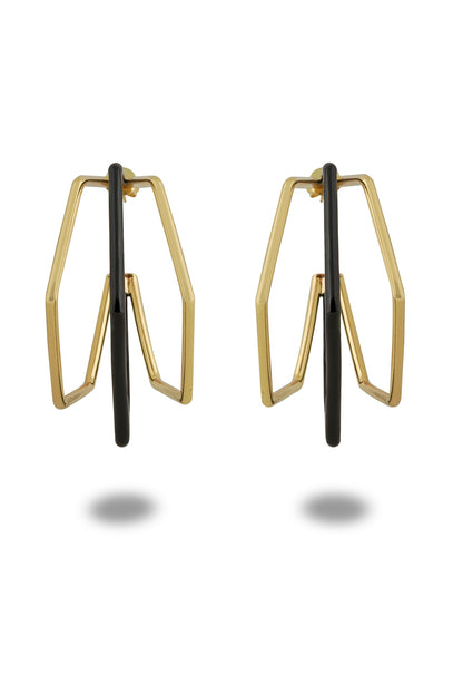 Gold Plated Black Enameled Hoop Earrings