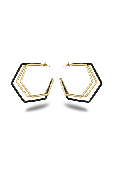 Gold Plated Black Enameled Hoop Earrings