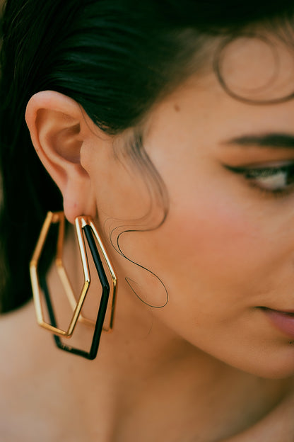 Gold Plated Black Enameled Hoop Earrings