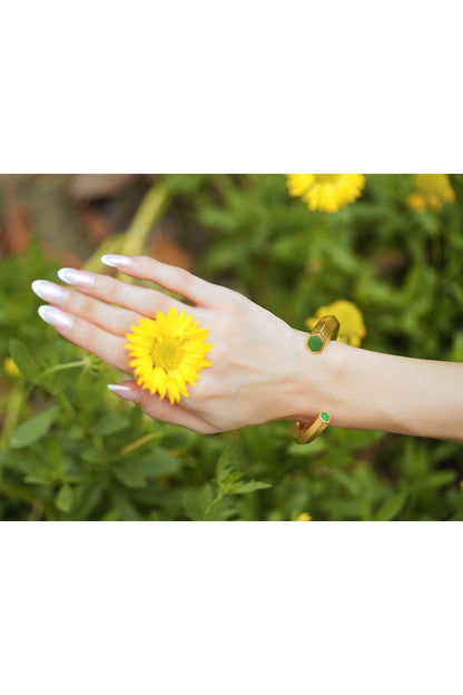Gold Plated Green Enameled Cuff Bangle