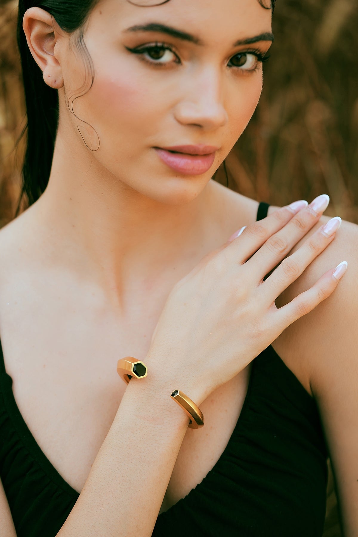 Gold Plated Black Enameled Cuff Bangle