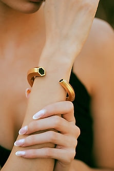 Gold Plated Black Enameled Cuff Bangle