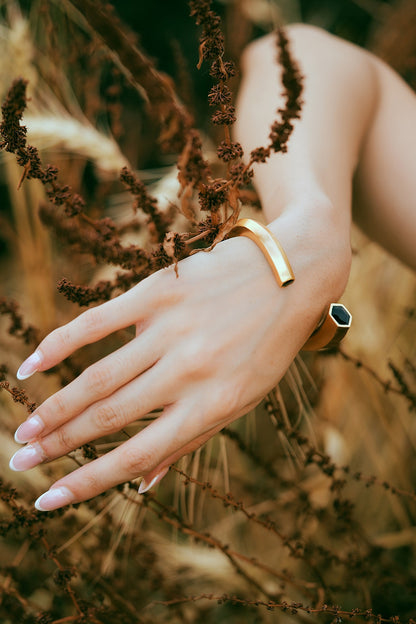 Gold Plated Black Enameled Cuff Bangle